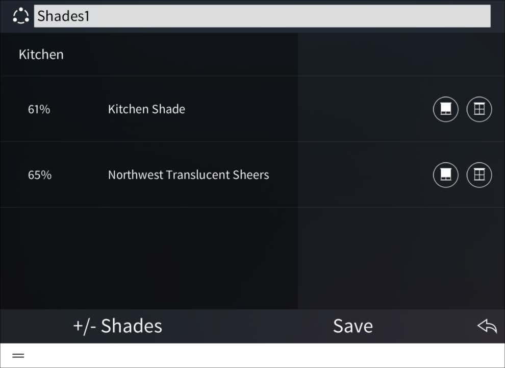 Shade Scene Configuration Screen NOTE: All shade loads for a room are added to a new shade scene at their current levels.