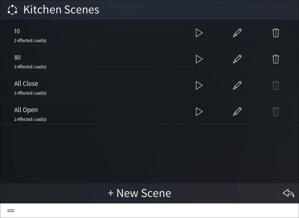 Basement Scenes Screen - Shades The following configuration options are provided: Tap the play button to recall the shade scene with its current settings in real time.