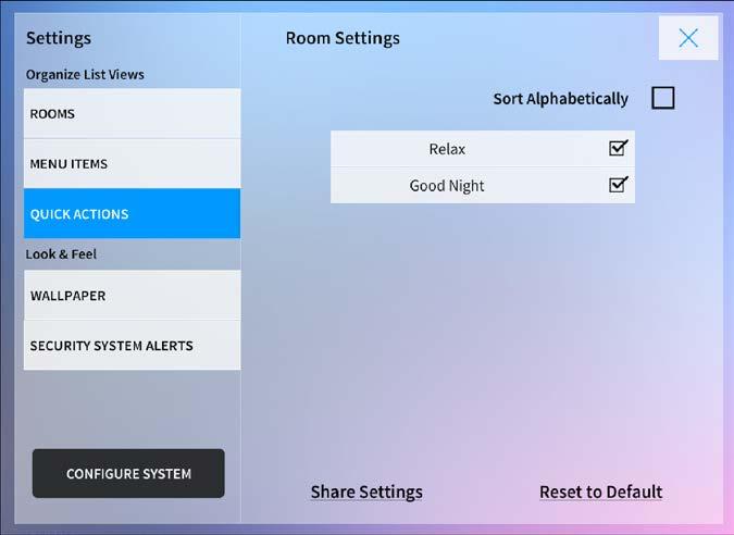 Use the Menu Settings panel to select the device groups that may be selected from the Home screen and from the user menu.
