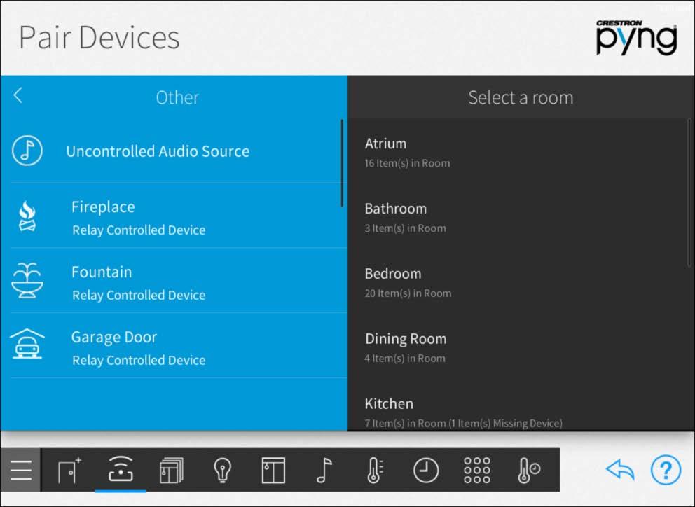 Pair Other Devices Select Other from the Device Types menu to pair other devices with the Crestron Pyng system, including uncontrolled A/V sources and relay-controlled devices.
