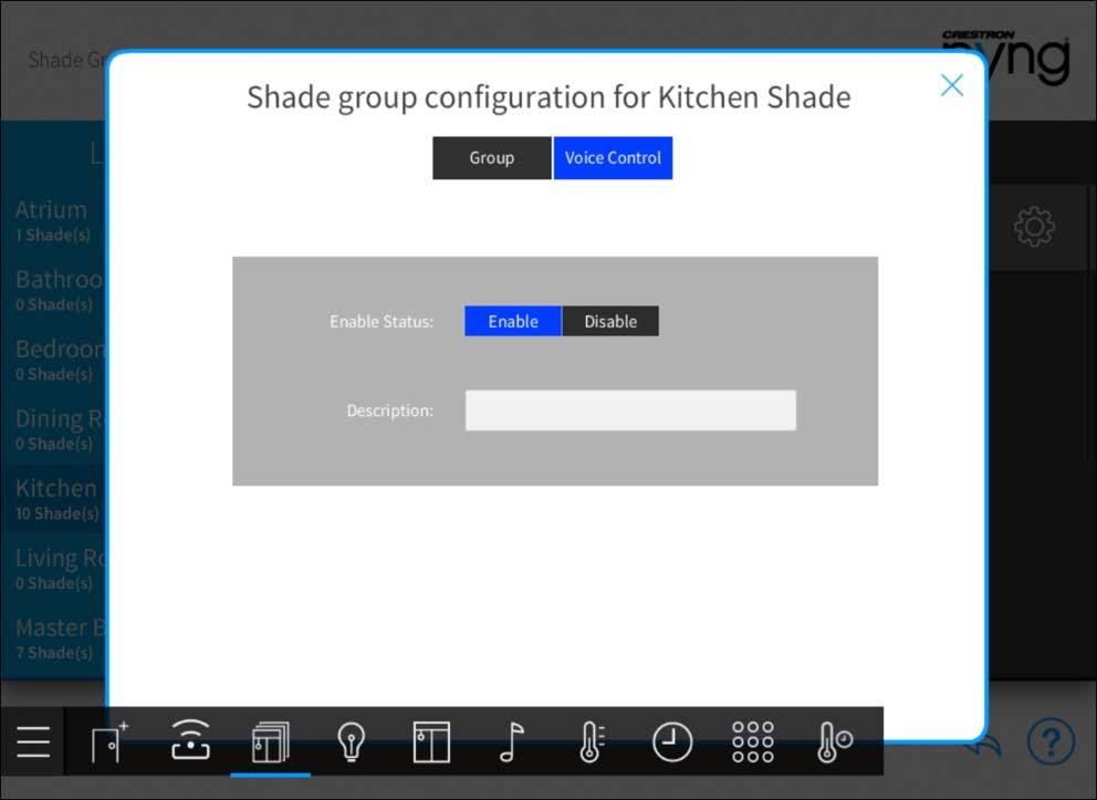 Shade group configuration for Shade Dialog Box - Voice Control Tab NOTE: For more information on configuring voice control for the Crestron Pyng system, refer to "Voice Control Settings" on page 98.