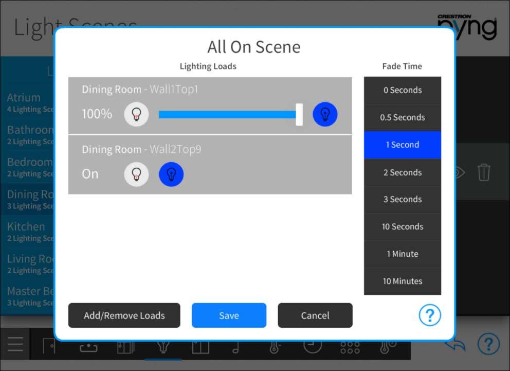 The new lighting scene is added to the room under the List of Scenes menu. When in user control mode, the lighting scene is defined by the name entered during this process.
