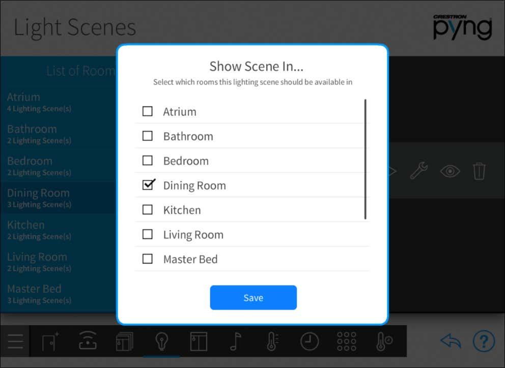Tap the eye button to select the room(s) from which the lighting scene may be recalled.