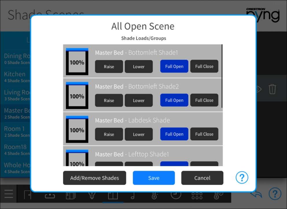 The new shade scene is added to the room under the List of Scenes menu. When in user control mode, the shade scene is defined by the name entered during this process.