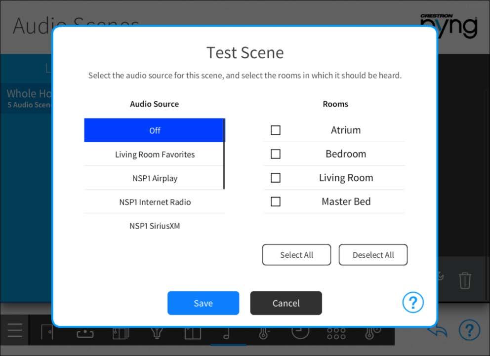 The new audio scene is added to the room under the List of Scenes menu. When in user control mode, the audio scene is defined by the name entered during this process.