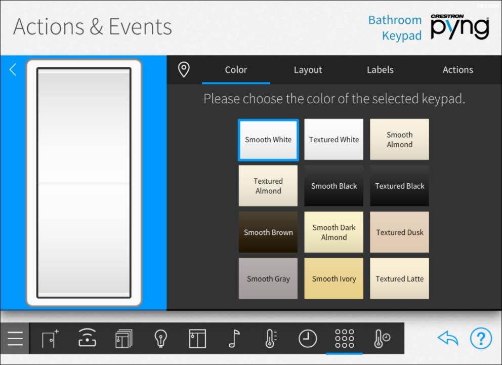Actions & Events Screen - Color Tab Tap the Layout tab to configure a custom button layout for the keypad.