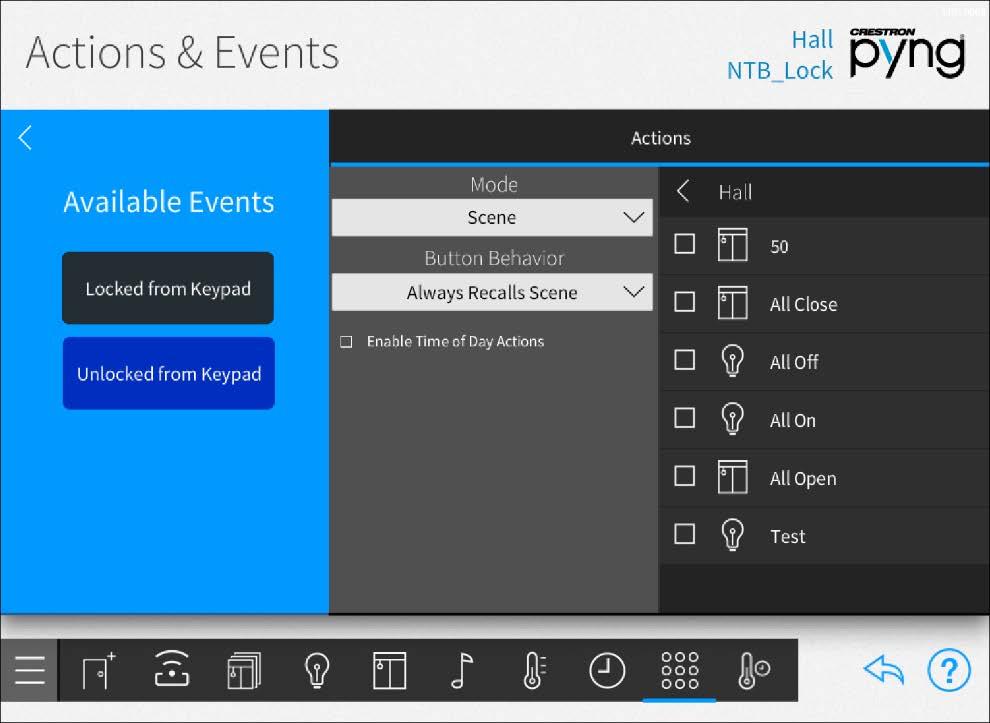 Actions & Events Screen - Door Lock Actions Select a door lock event from the Available Events menu to set
