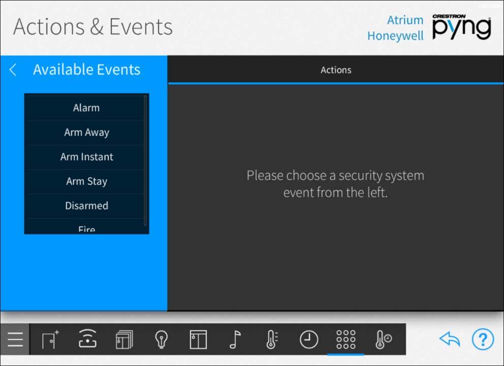 Configure Security Systems Select a security system device from the Select an Item menu to configure actions for the security system. The configuration screen for the security system is displayed.