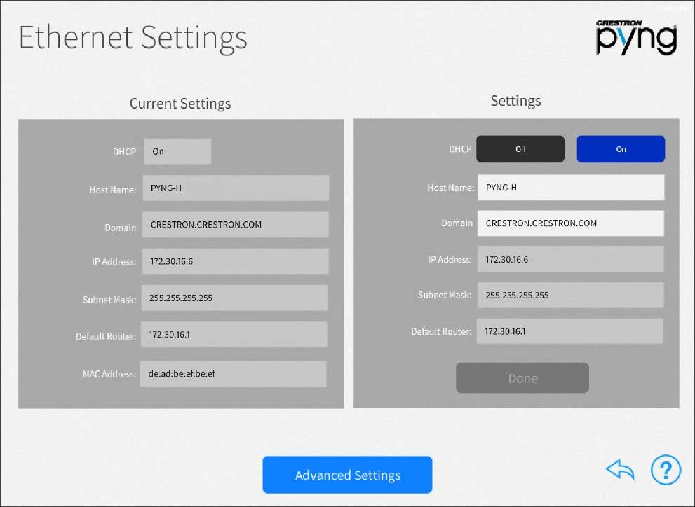 Ethernet Settings Tap Ethernet Settings on the Installer Settings screen to display the Ethernet Settings screen.