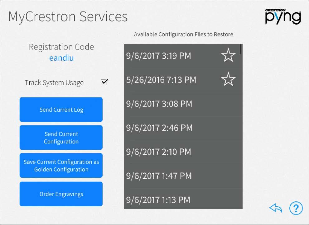 Tap the back arrow button to return to the Installer Settings screen. MyCrestron Services Tap MyCrestron Monitoring Services on the Installer Settings screen to display the MyCrestron Services screen.