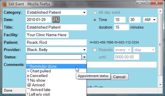 Appointment Status OpenEMR's calendar system includes a status indicator, allowing doctors and staff to see at a glance what is going on with all appointments and the corresponding encounters for the