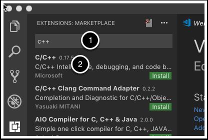 Installing Language Extensions C++ Type the extension name for C++ into the search bar (1) and then (2) select C/C++ and click "install".