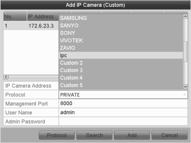Chapter 2: Getting Started To configure customized protocols: 1. Click the Protocol button in the Add IP Camera (Custom) interface to enter the Protocol Management interface.