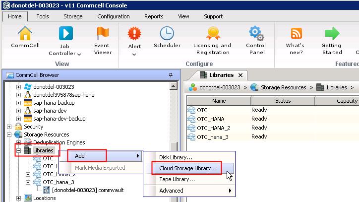 Procedure Step 1 Step 2 From the CommCell Console, in the navigation tree on the left, expand Storage Resources. Right-click Libraries, and choose Add > Cloud Storage Library from the shortcut menu.