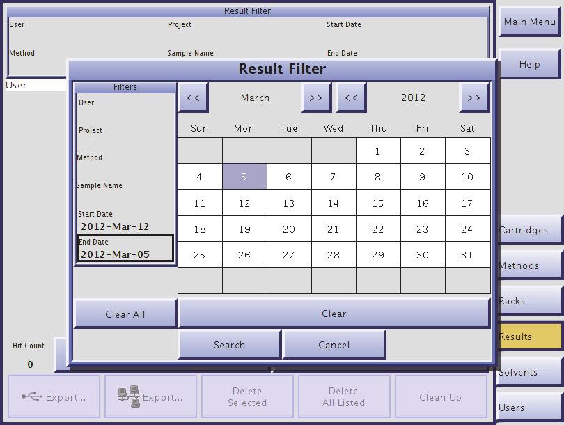 At the Results tab, in the software s Data Administration mode, you can export and delete result records and clean up the system s database. Figure 2-6. Results Tab 2.5.
