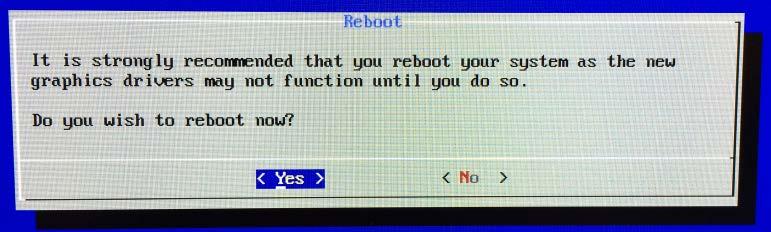 You will then be asked to reboot the unit to initialise the graphics driver. Select Yes and press Enter.