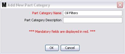 Adding, Modifying and Deleting Categories Adding Part Categories 1. Click New Category button to display the dialog box shown in FIG. 194. FIG. 194 Part Category Name: User defined name for category.