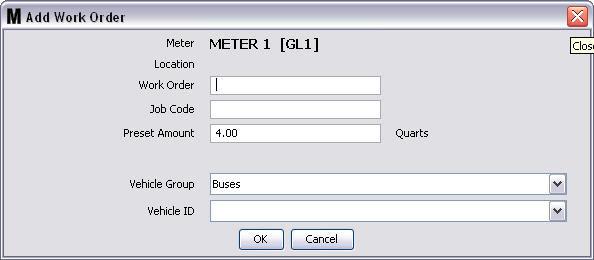 Click OK to add the work order to the Work Order Queue and a new line appears in the Work Order Queue area of the screen. Work Orders with Vehicle ID Dialog Box FIG. 214 Meter: Identifies the meter.