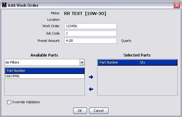 Work Orders Third Party Reynolds & Reynolds Parts Work Order Screen FIG. 215 Meter - Read Only field identifying the meter the Work Order is associated with.