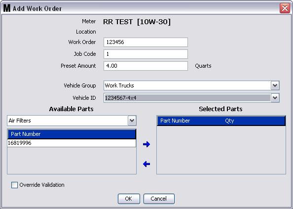 Work Orders Third Party Reynolds & Reynolds Parts With Vehicle Inventory Work Order Screen FIG. 216 Meter - Read Only field identifying the meter the Work Order is associated with.
