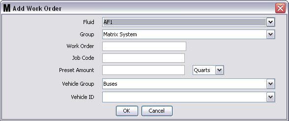 Work Orders Global Work Orders with Vehicle ID Dialog Box FIG. 222 Fluid - Type of fluid you are dispensing with the meter. Selections are setup on the Fluids setup page 77.