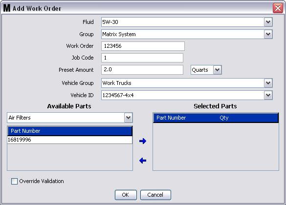 Work Orders Third Party Reynolds & Reynolds Parts With Vehicle Inventory Global Work Order Screen FIG. 224 Fluid - Type of fluid you are dispensing with the meter. Setup on the Fluids setup page 77.