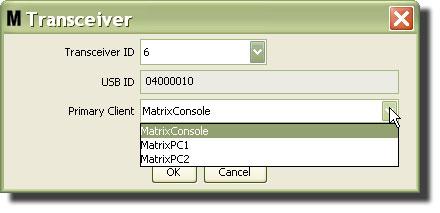 5. To modify the Primary Client assigned to a transceiver, click the arrow next to the Primary Client field to display the drop-down menu (FIG. 91).