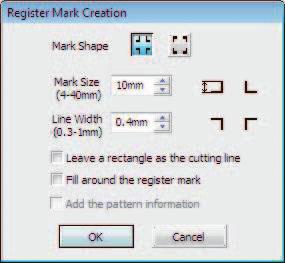 The register mark is created in FC Register Mark Layer. 12. Click the [Output to Raster Link] button of FineCut. 13. 14. 15. 16. Output to RasterLink dialog box is displayed.