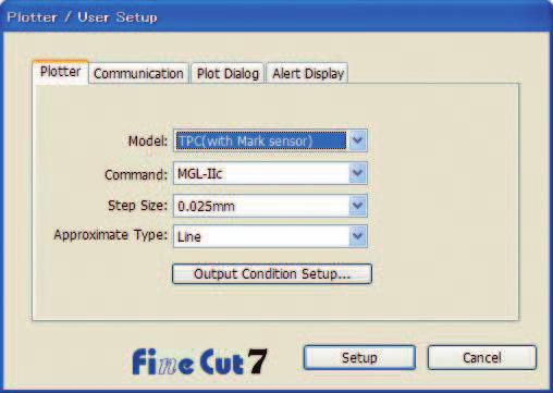 If FineCut Command Bars is not displayed, select [FineCut] Command Bars from the [Tools]-[Customization] menu in the CorelDRAW. Click the [Plotter/User Setup] button in FineCut menu.