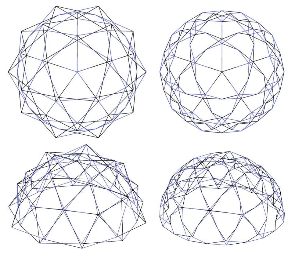 Figure 8: Scissor dome based on a geodesic grid of frequency 2 that was optimised to hold the circle packing shown in figure 6 populated with (left) polar units and (right) angulated units. 5.
