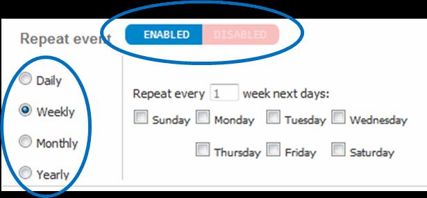 If you want a single event, click the red Disabled button to collapse the repeating options.