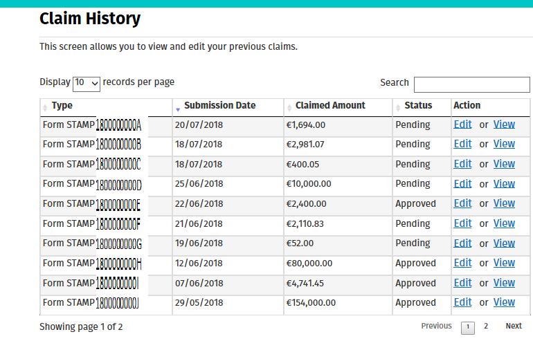 Step 17: To edit or view a claim previously filed, as shown on the Claim History Screen in Screen Shot 17 below, click on either Edit or View in the Action column, to the right of the relevant