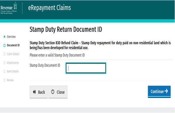 Step 7: Enter the relevant Stamp Duty Document ID and click Continue as shown in Screen Shot 7.