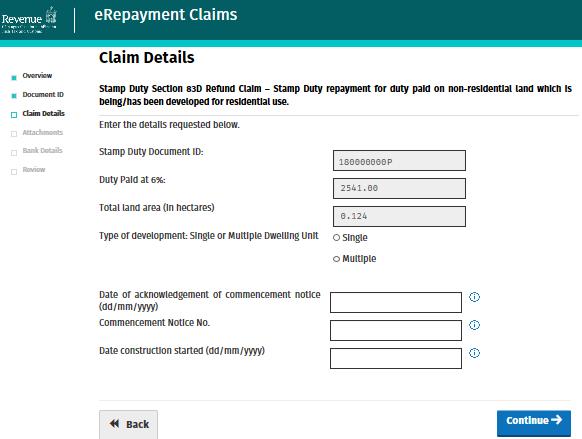 Step 8: The first three fields of the Claim Details Screen are pre-populated from the Stamp Duty Return Document ID that you entered on the previous screen.
