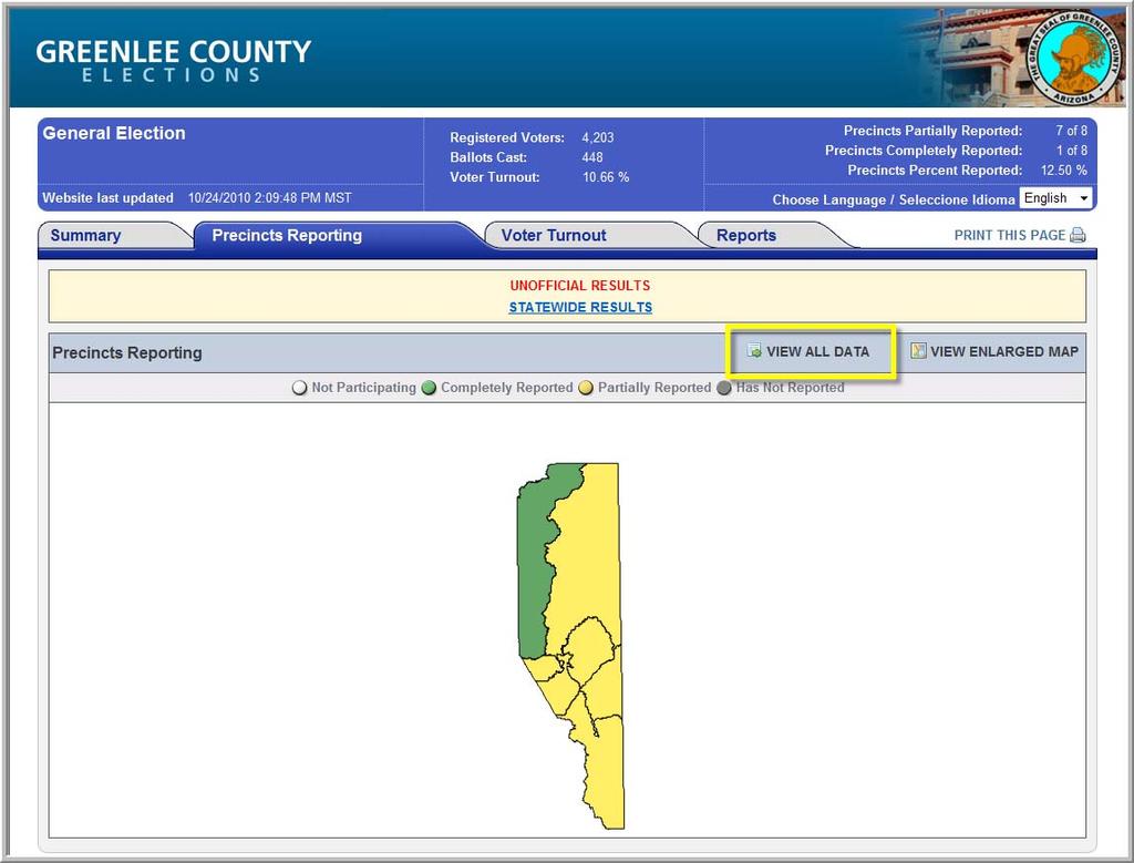 Precincts Reporting Click on the Precincts Reporting tab to display a county map where the status of the precincts reporting results