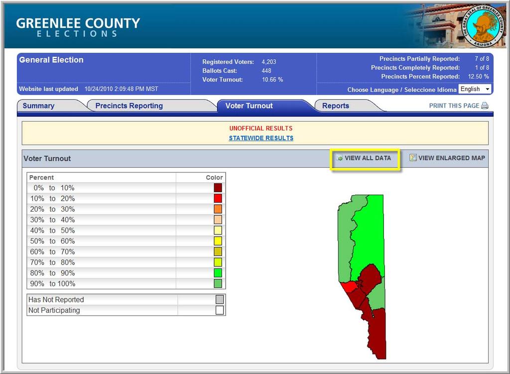 Voter Turnout Click on the Voter Turnout tab, to display a county map where
