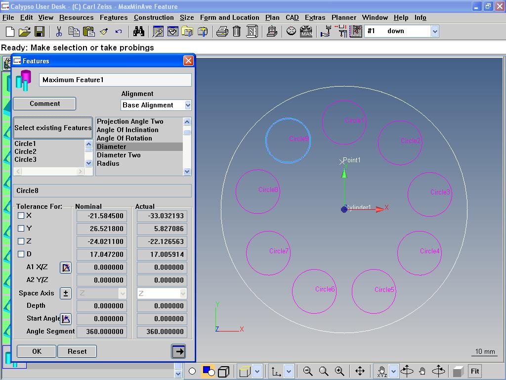 : Min/Max/Average Feature After choosing Diameter from the extensive list of available qualities,