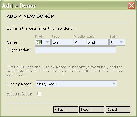 If there is already a donor in GiftWorks whose name closely matches the one you re entering, GiftWorks will indicate that similar donors have been found.