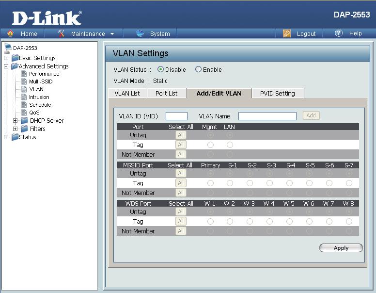The Add/Edit VLAN tab is used to configure VLANs. Once you have made the desired changes, click the Apply button to let your changes take effect.