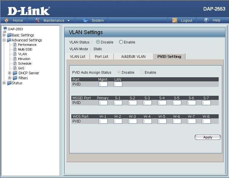 The PVID Setting tab is used to enable/disable the Port VLAN Identifier Auto Assign Status as well as to configure various types of PVID settings.