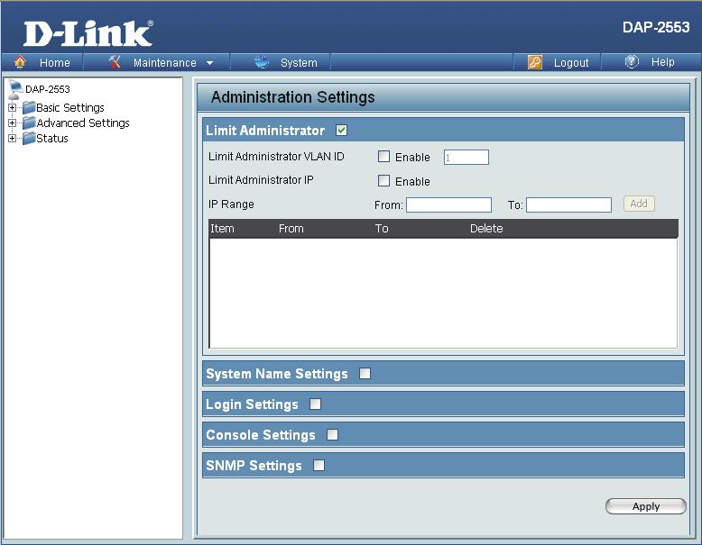 Each of the five main categories display various hidden administrator parameters and settings.