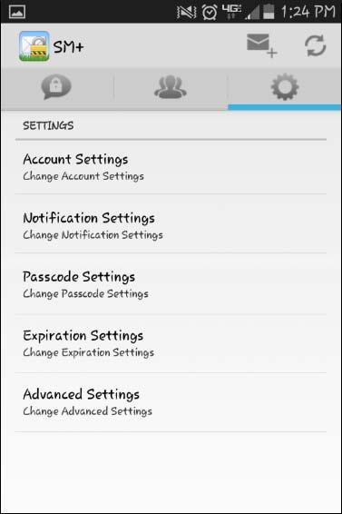 Secure Messaging Plus Settings Tapping the SM+ icon opens a screen from which you can access and change a number of different Secure Messaging Plus settings.