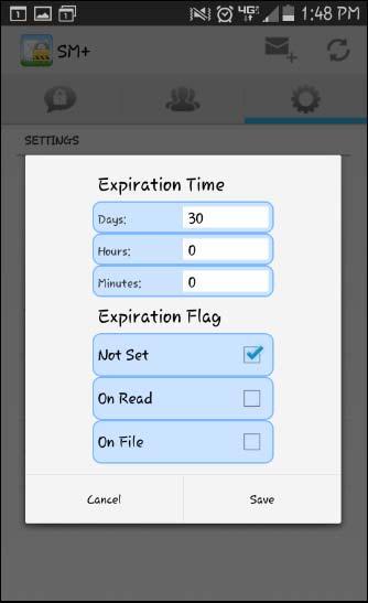 Changing Expiration Settings Tapping Expiration Settings in the SM+ Settings screen (shown on page 18) opens a screen where you can view and change the Expiration settings that apply to your SM+