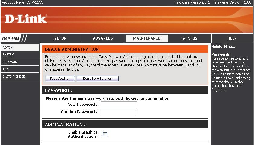 Section 3 - Configuration Maintenance Admin This page will allow you to change the Administrator password. Admin has read/write access.