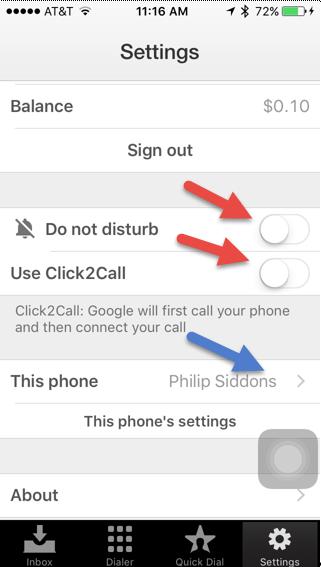 In the Google Voice application s Settings screen, be sure you do NOT have the Do not disturb on and the Use Click2Call (Click2Call will first call your phone and then connect your call instead of