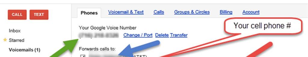 Your Google Voice telephone number will appear in two places on this