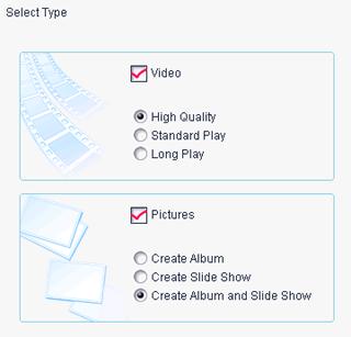 Selecting the Cntent Select the type f cntent (vide r pictures) yu want t recrd t the DVD in the Select Type bx.