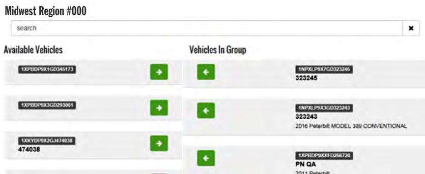The search field can quickly find vehicles in either list. VIN, vehicle number, and vehicle description are searchable fields.