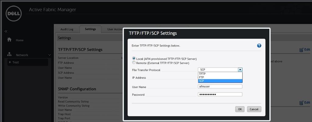 Figure 17. TFTP/FTP/SCP Settings Dialog Box. 3 Enter the user name and password to enable SCP for file transfer on the AFM-CPS server.