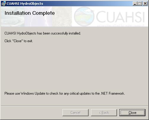 8. When installation has finished, view documentation or an example application by clicking Start All Programs CUAHSI HIS